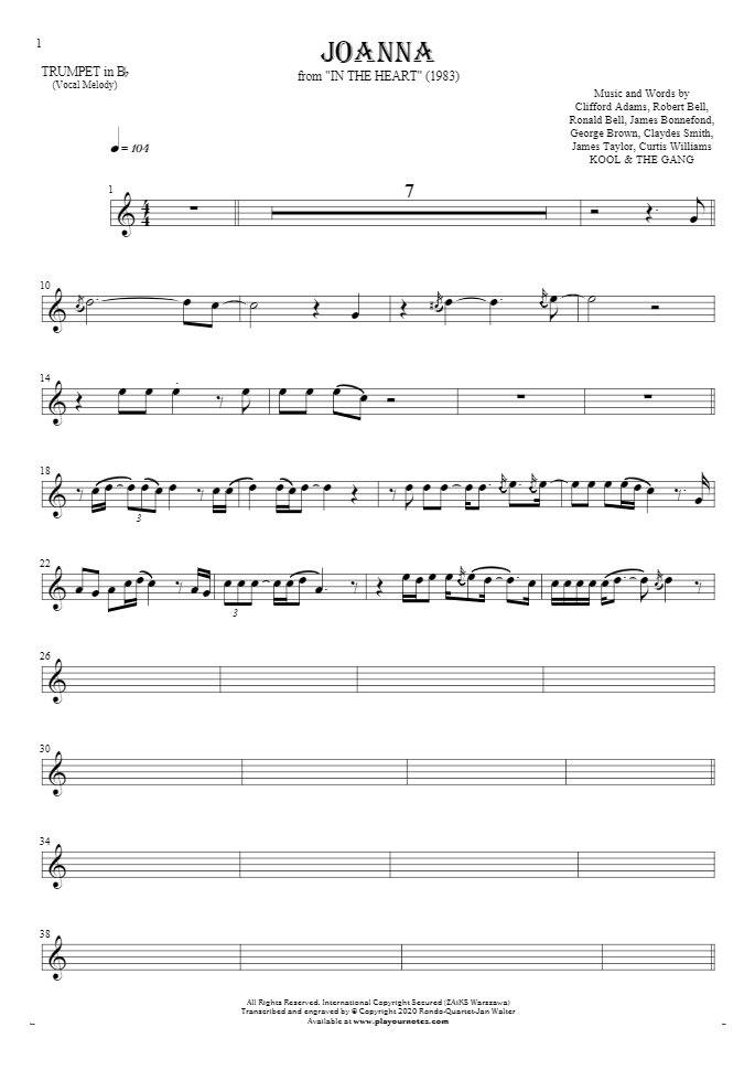 Joanna - Notes for trumpet - melody line