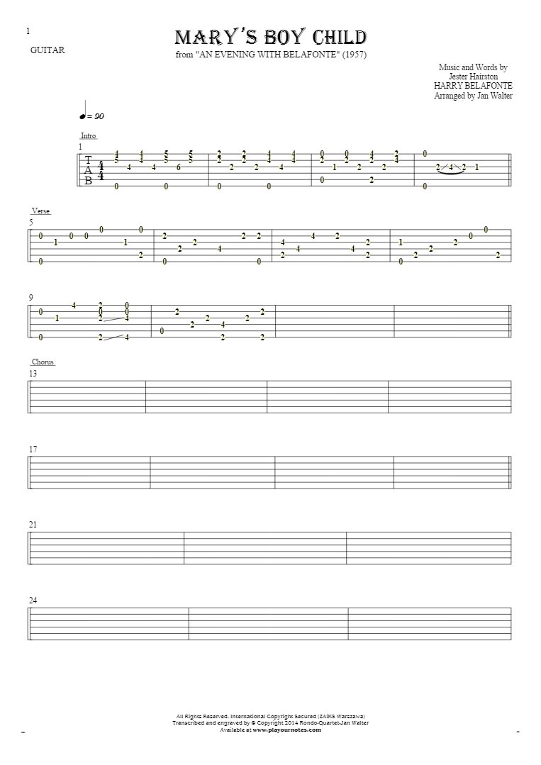 Mary's Boy Child - Tablature for guitar solo (fingerstyle)