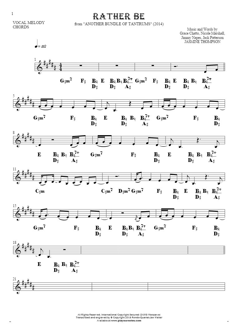 Rather Be - Notes and chords for solo voice with accompaniment