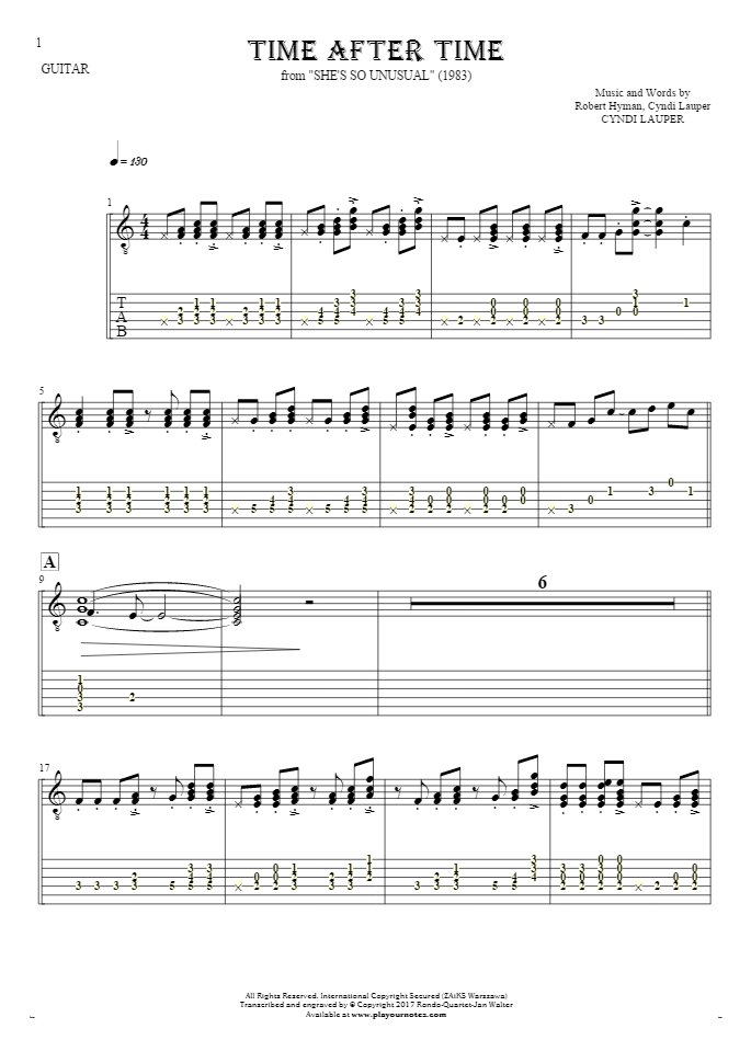 Time After Time - Notes and tablature for guitar