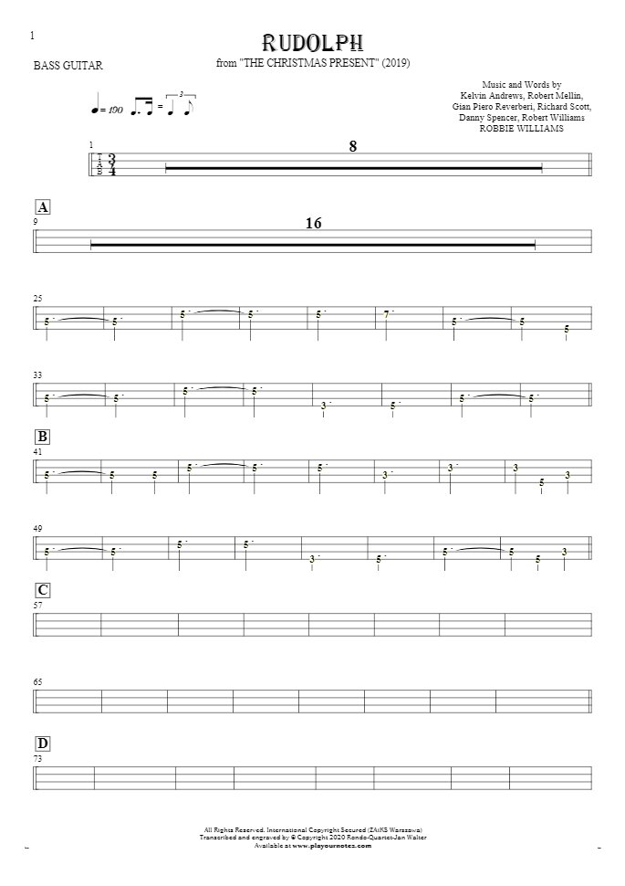 Rudolph - Tabulatur (Rhythm. Werte) für Bassgitarre
