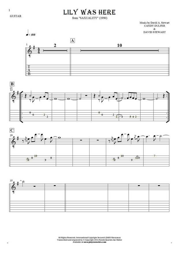 Lily Was Here - Notes and tablature for guitar