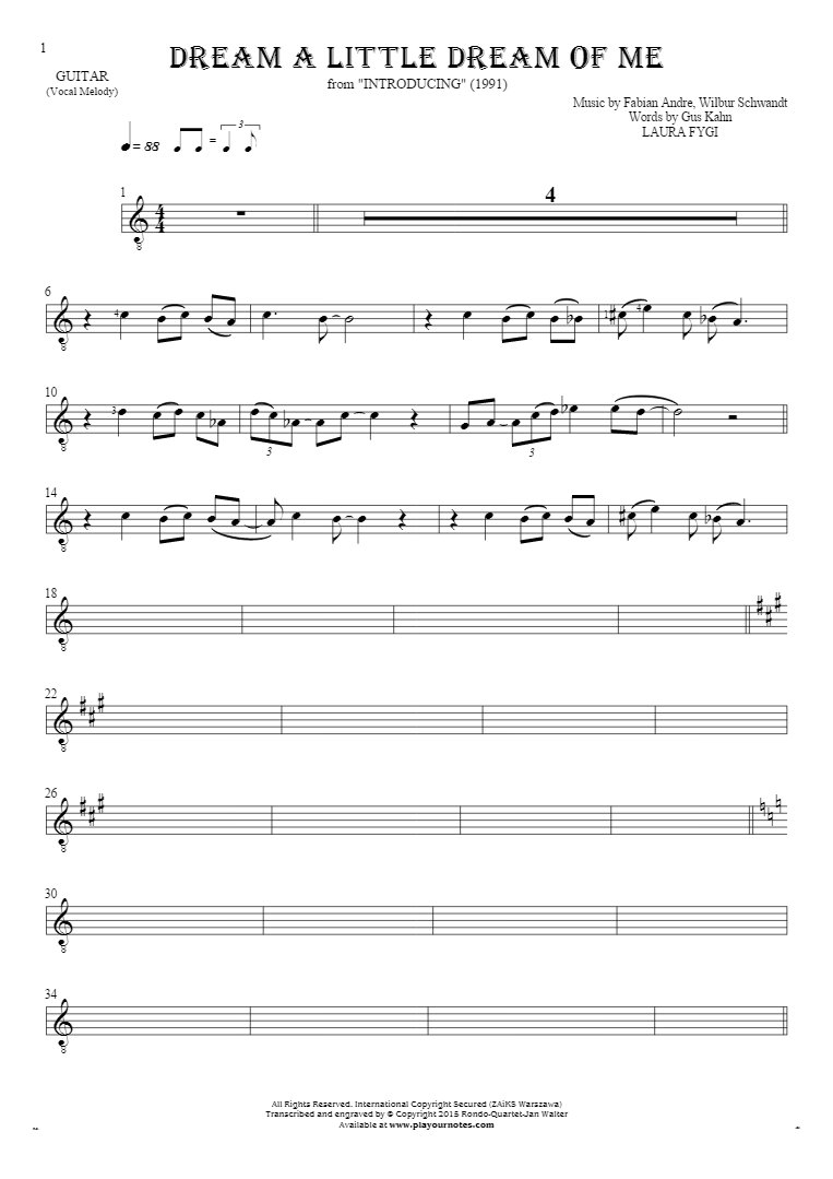 Dream a Little Dream of Me - Notes for guitar - melody line