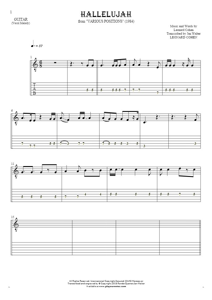 Hallelujah - Notes and tablature for guitar - melody line