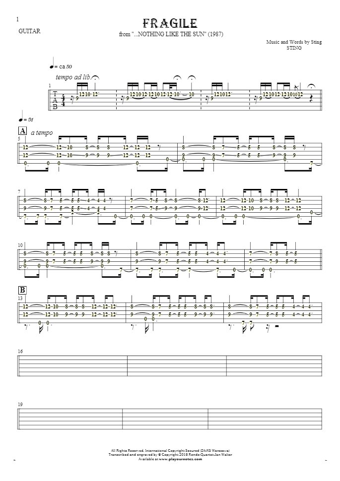 Fragile - Tabulatura (wartości rytm.) na gitarę