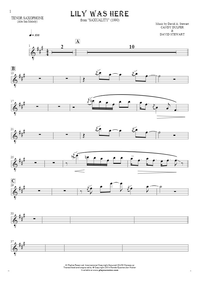 Lily Was Here - Notes for tenor saxophone