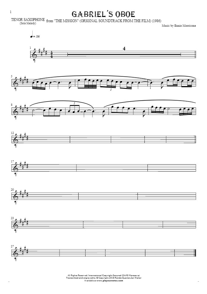 Gabriel's Oboe - Nuty na saksofon tenorowy - linia melodyczna