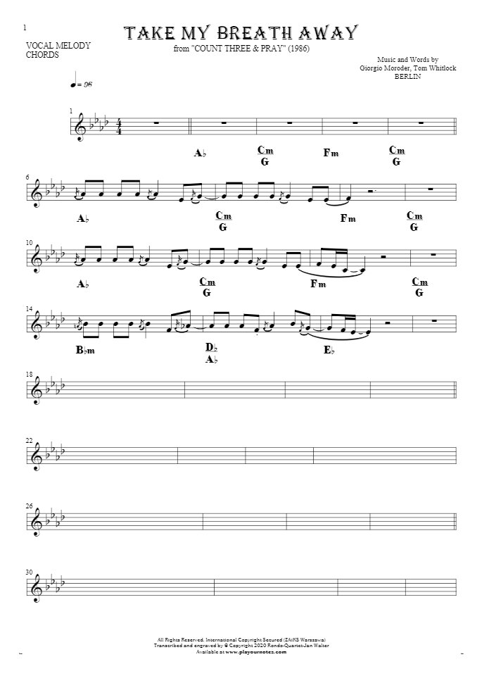 Take My Breath Away - Notes and chords for solo voice with accompaniment