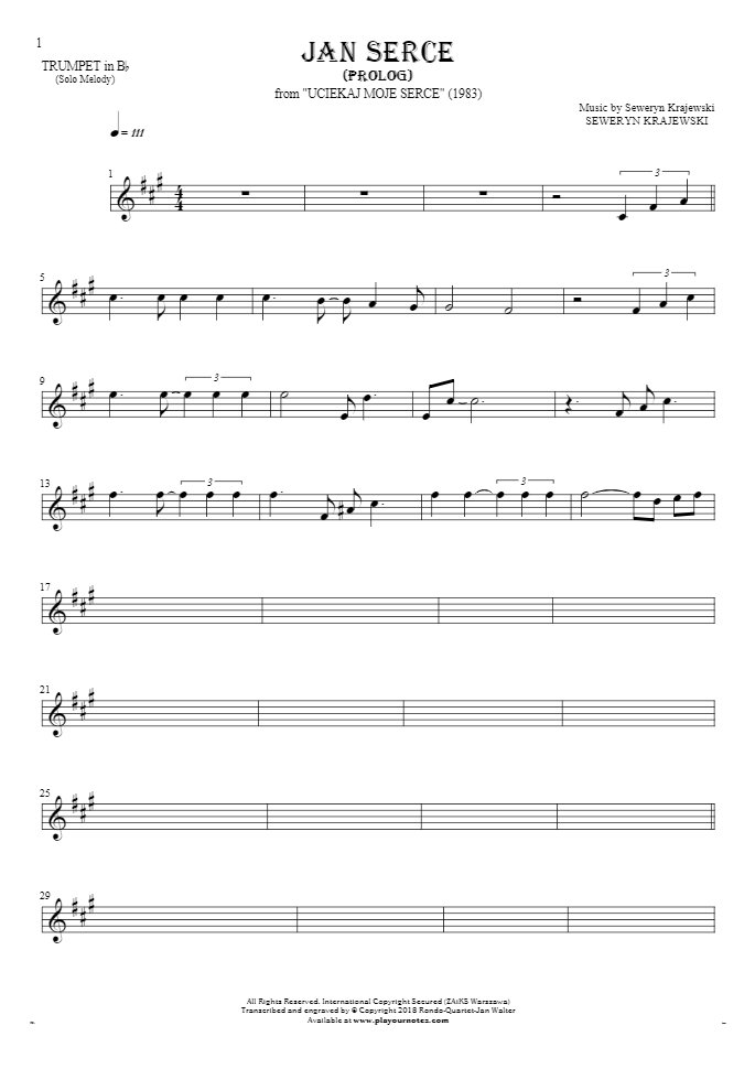 Jan Serce - Prolog - Noten für Trompete - Melodielinie