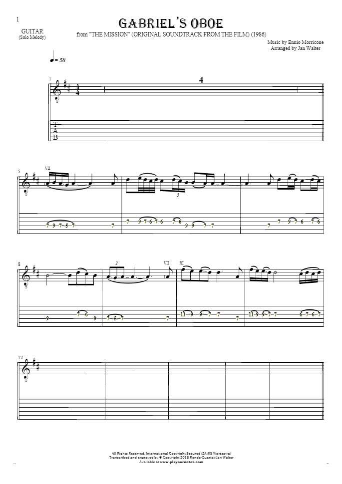 Gabriel's Oboe - Nuty i tabulatura na gitarę - linia melodyczna