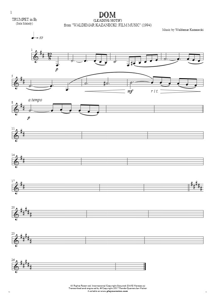The House - Leading Motif - Notes for trumpet - melody line