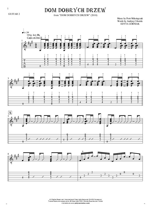 Dom dobrych drzew - Notes (in transposing) and tablature for guitar - guitar 2 part