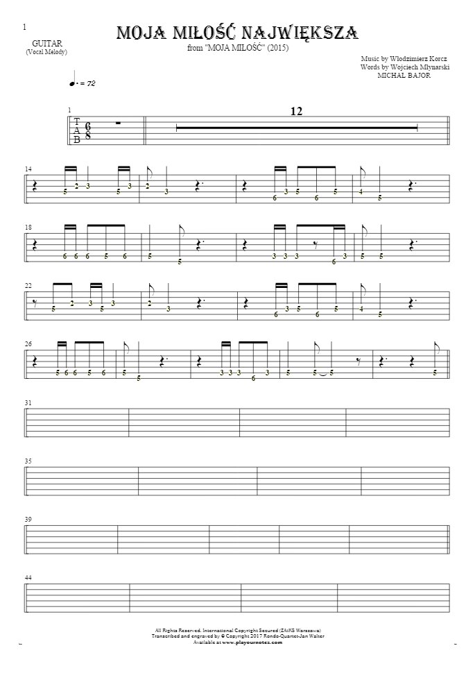Moja miłość największa - Tablature (rhythm. values) for guitar - melody line