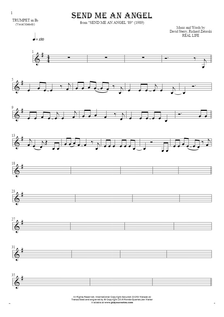 Send Me An Angel - Notes for trumpet - melody line