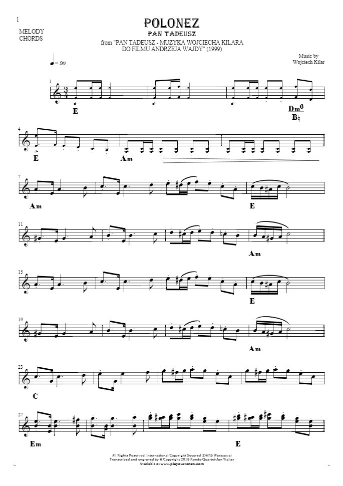 Polonez - Pan Tadeusz - Notes and chords for solo voice with accompaniment