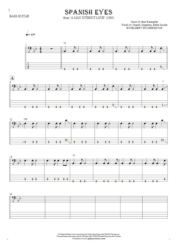 Spanish Eyes - Notes and tablature for bass guitar