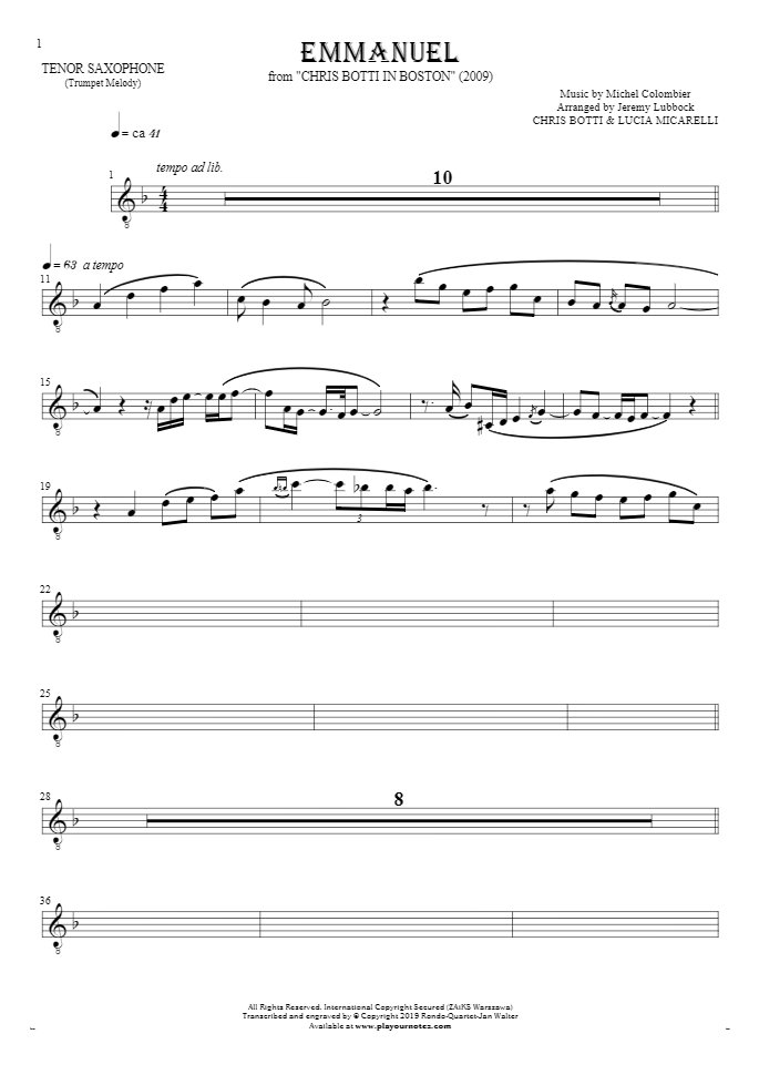 Emmanuel - Noten für Tenor Saxophon - Trompete