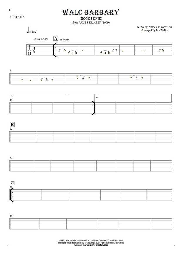 Walc Barbary (Noce i Dnie) - Tablature for guitar - guitar 2 part