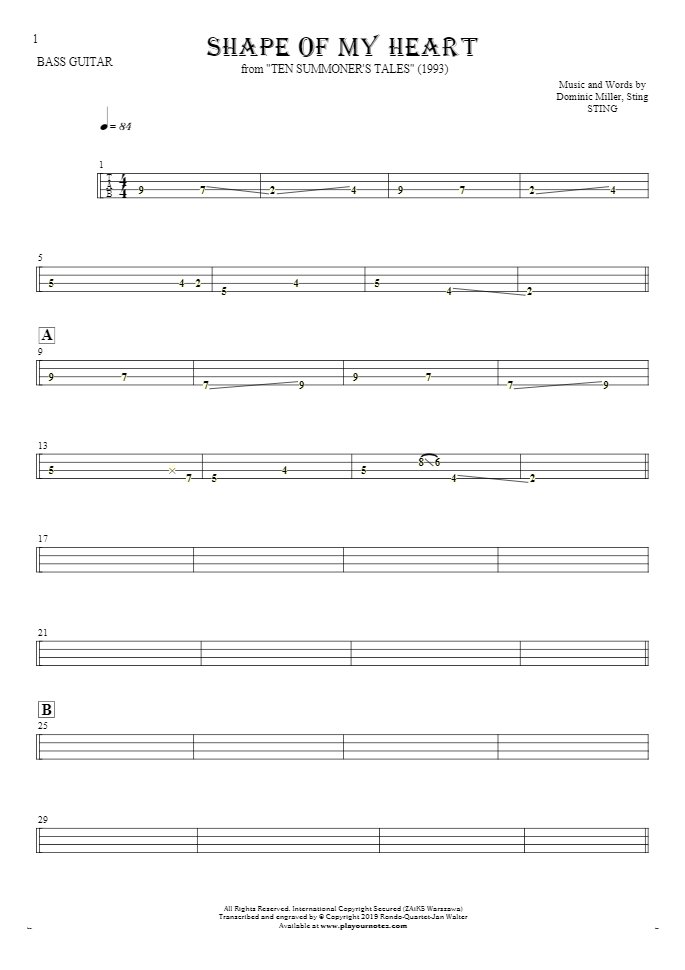 Shape Of My Heart - Tablature for bass guitar