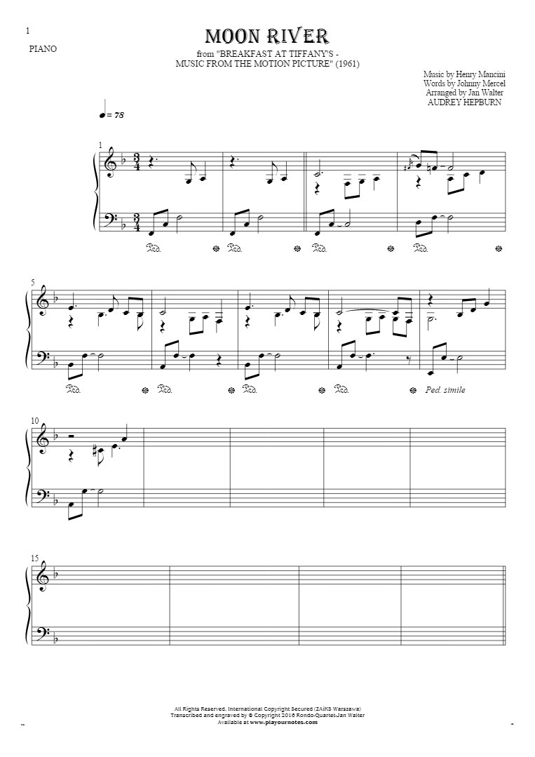 Moon River - Noten für Klavier Solo