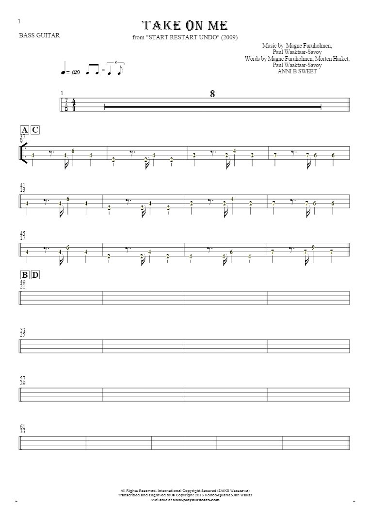 Take On Me - Tablature (rhythm values) for bass guitar