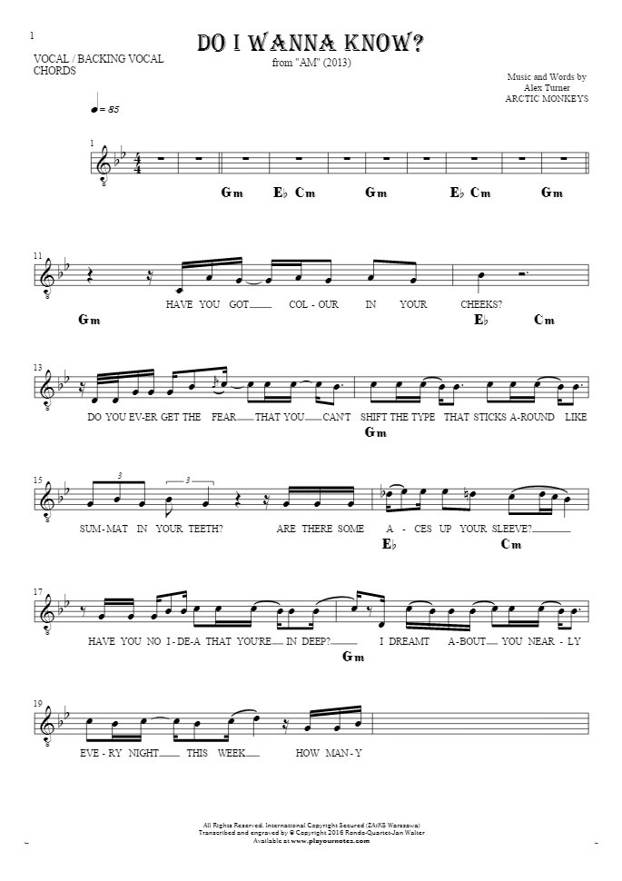 Do I Wanna Know? - Notes, lyrics and chords for vocal with accompaniment