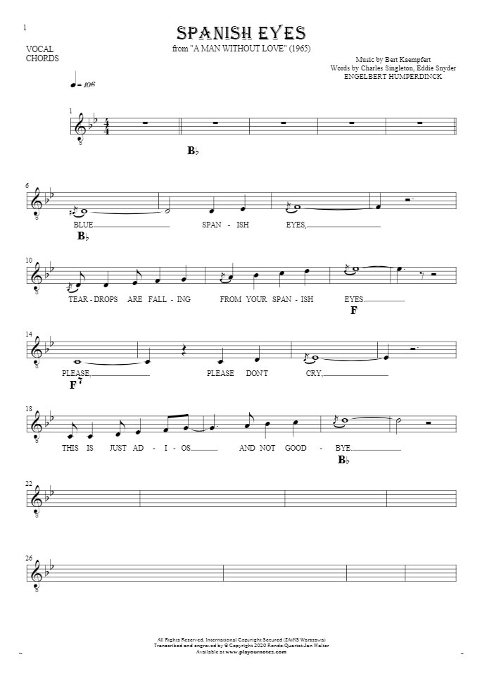 Spanish Eyes - Notes, lyrics and chords for vocal with accompaniment