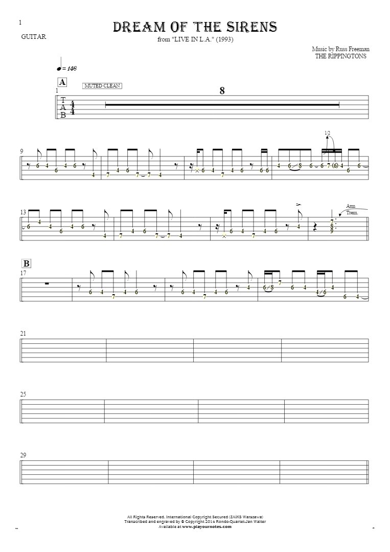 Dream Of The Sirens - Tablature (rhythm values) for guitar