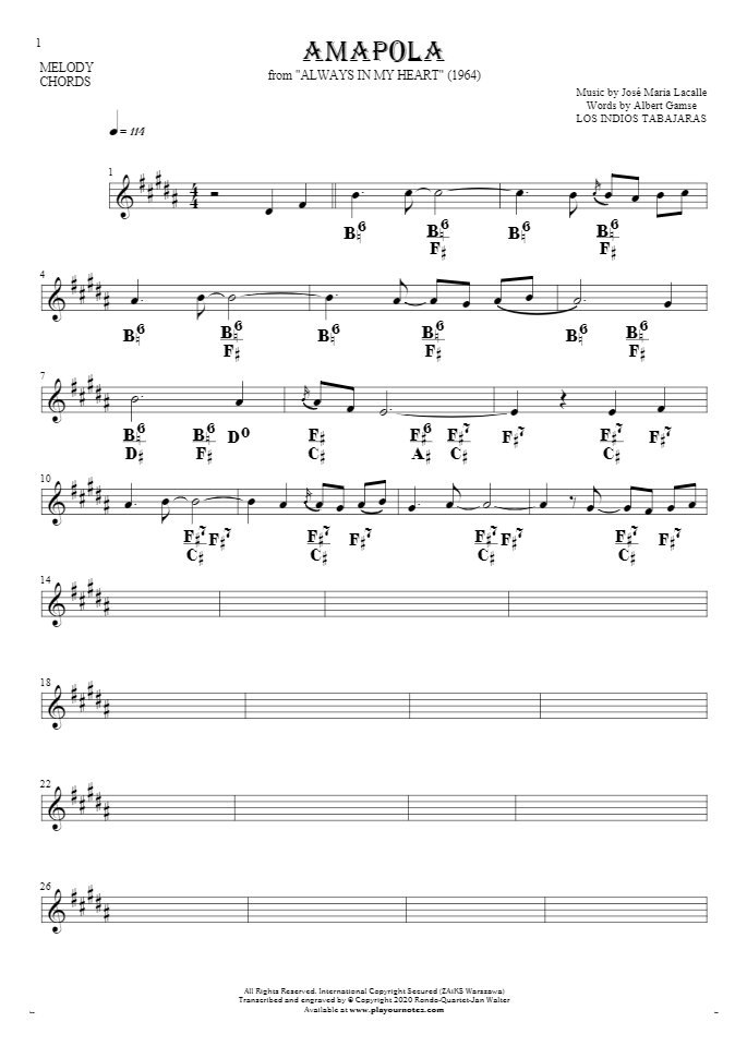 Amapola Notes And Chords For Solo Voice With Accompaniment Playyournotes