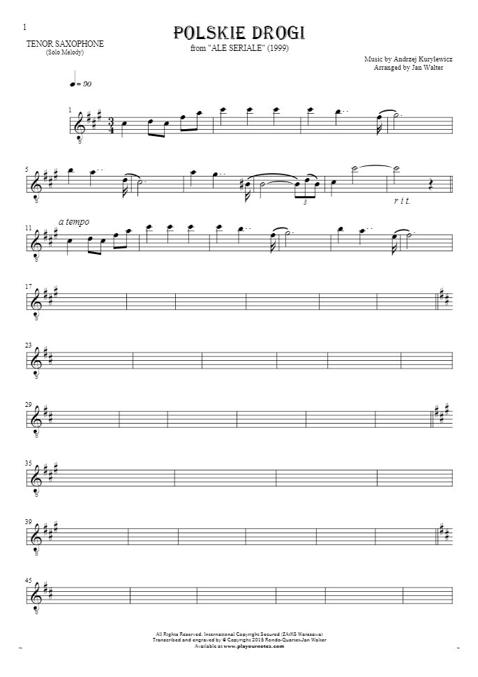 Polskie drogi - Notes for tenor saxophone - melody line