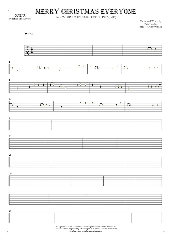 Merry Christmas Everyone - Tablature for guitar - melody line