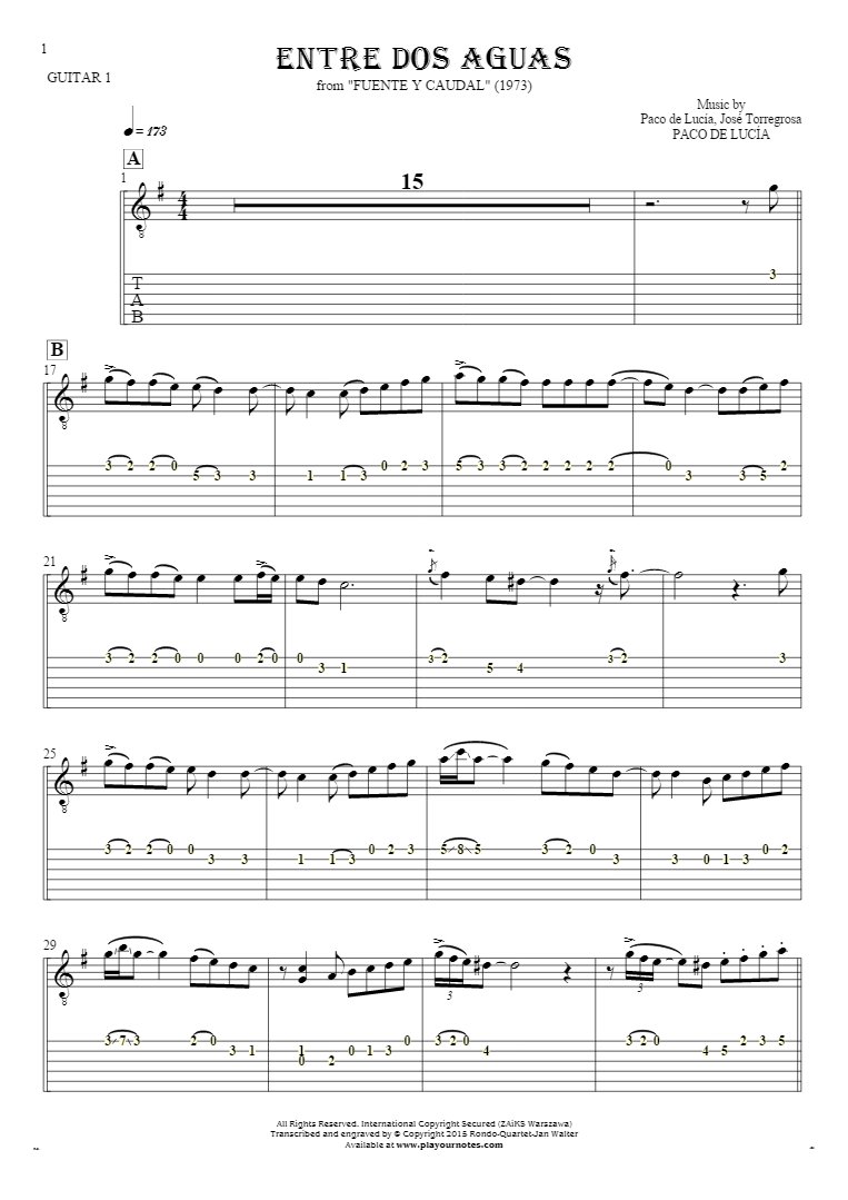 Entre dos aguas - Notes and tablature for guitar - guitar 1 part