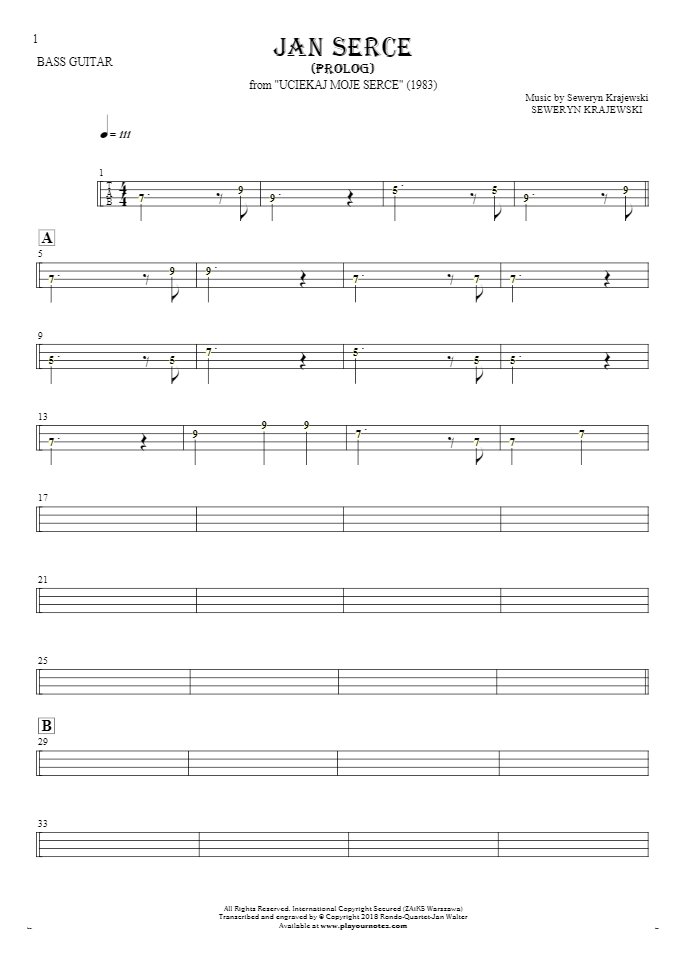 Jan Serce - Prolog - Tabulatur (Rhythm. Werte) für Bassgitarre