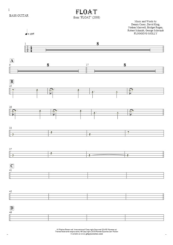 Float - Tablature (rhythm. values) for bass guitar