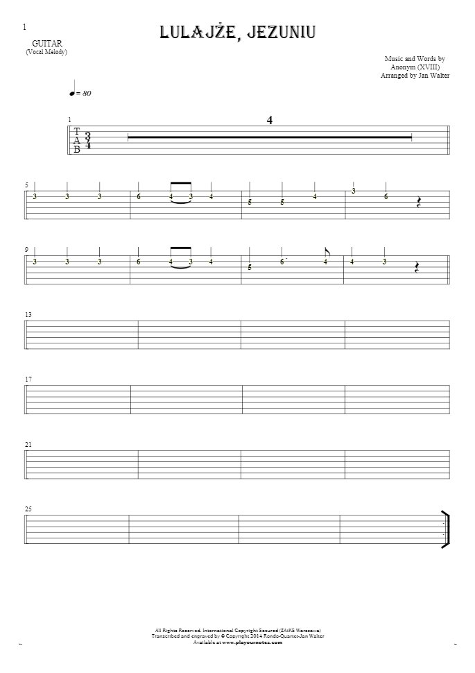 Lulajże, Jezuniu - Tablature (rhythm. values) for guitar - melody line