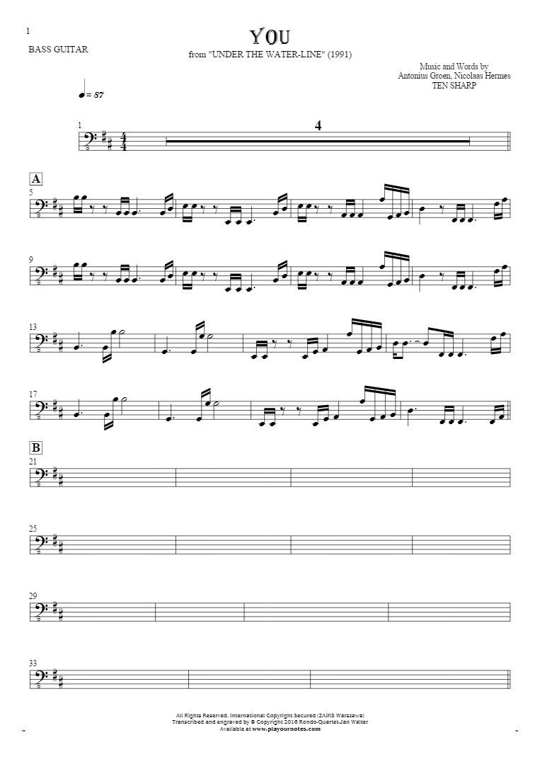 You - Notes for bass guitar