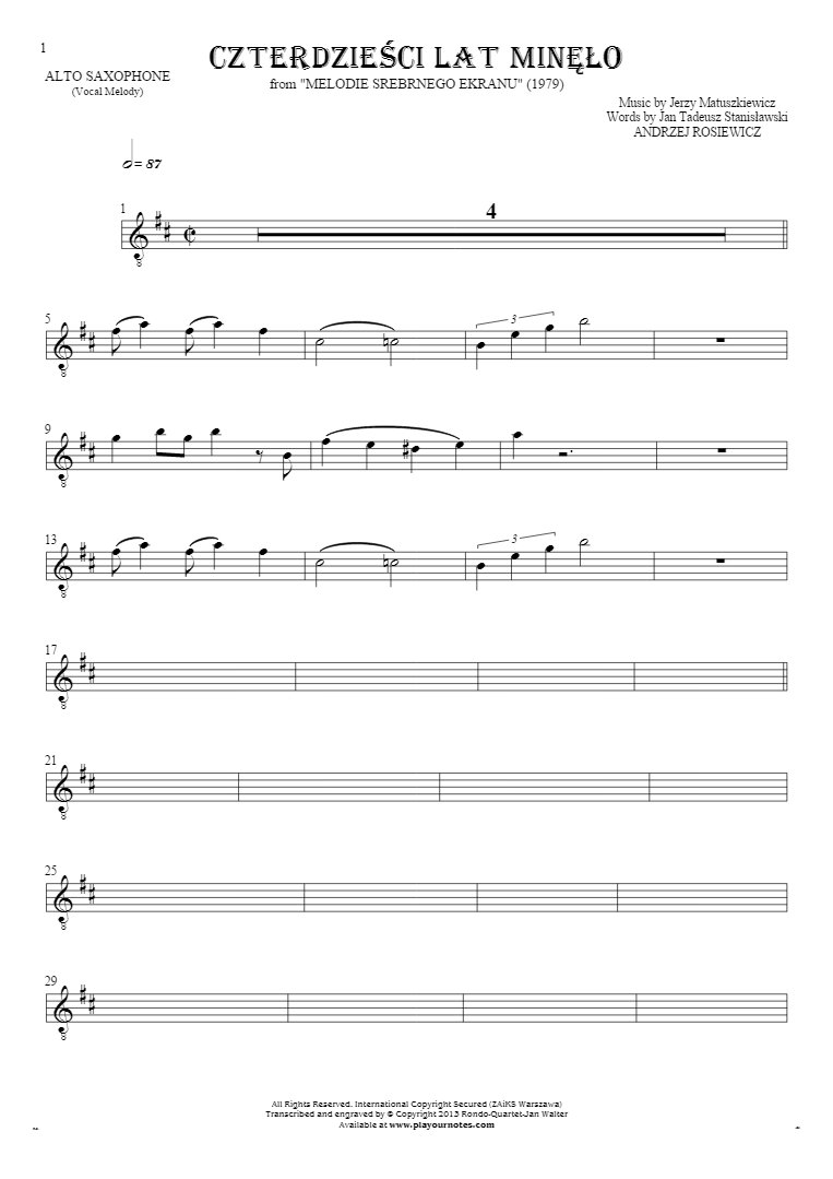 Czterdzieści Lat Minęło - Notes for alto saxophone - melody line