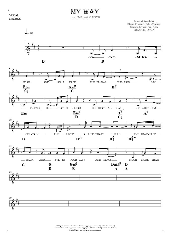 My Way - Notes, lyrics and chords for vocal with accompaniment.