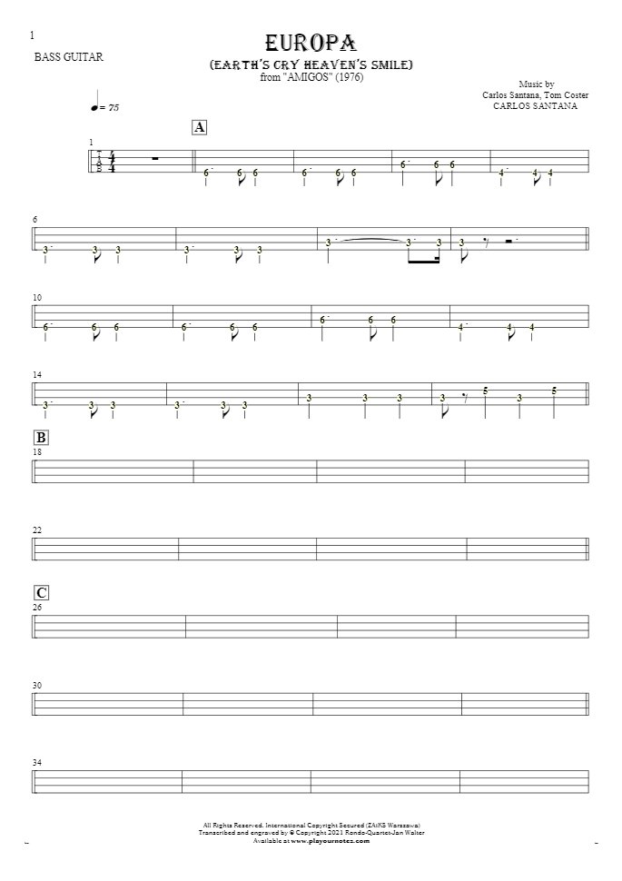 Europa (Earth's Cry Heaven's Smile) - Tablature (rhythm. values) for bass guitar