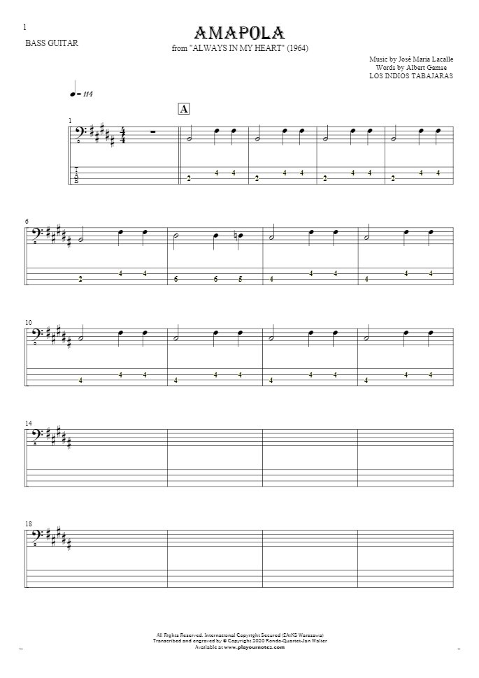 Amapola - Notes and tablature for bass guitar
