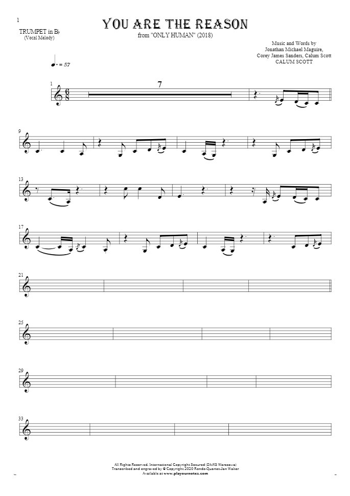 You Are The Reason - Notes for trumpet - melody line