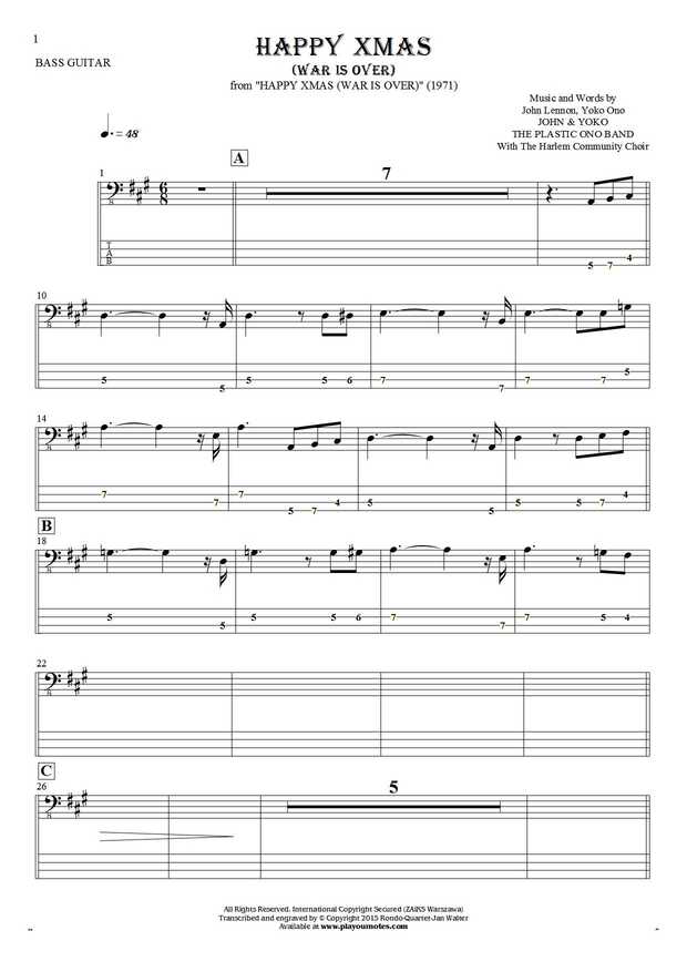 Happy Xmas (War Is Over) - Notes and tablature for bass guitar