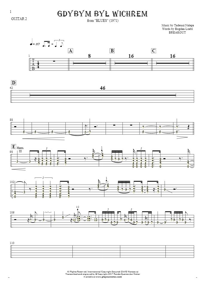 If I Were the Wind - Tablature (rhythm. values) for guitar - guitar 2 part