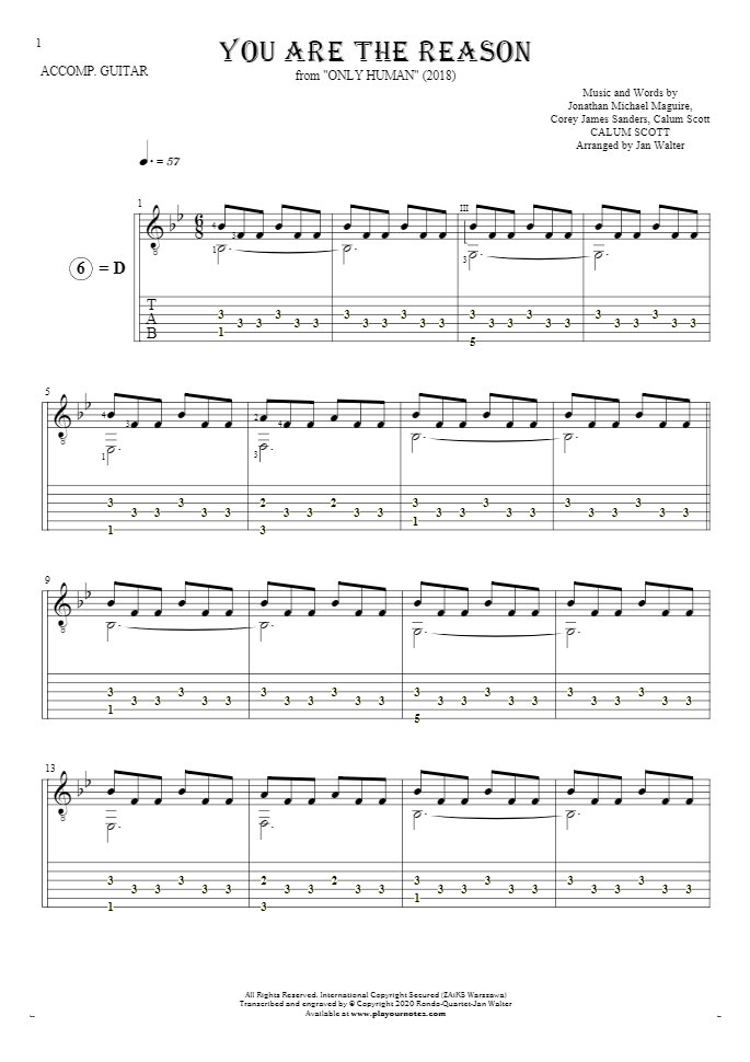 You Are The Reason - Notes and tablature for guitar - accompaniment