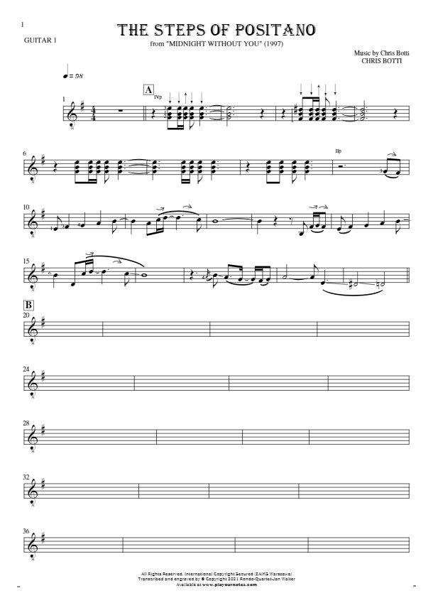 The Steps of Positano - Notes for guitar - guitar 1 part