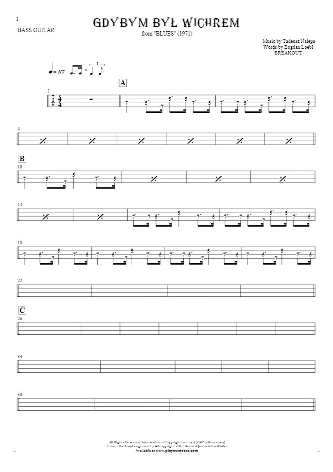If I Were the Wind - Tablature (rhythm. values) for bass guitar