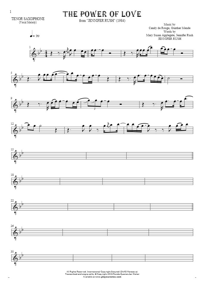 The Power Of Love - Notes for tenor saxophone - melody line