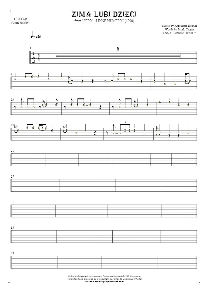 Zima lubi dzieci - Tablature (rhythm. values) for guitar - melody line