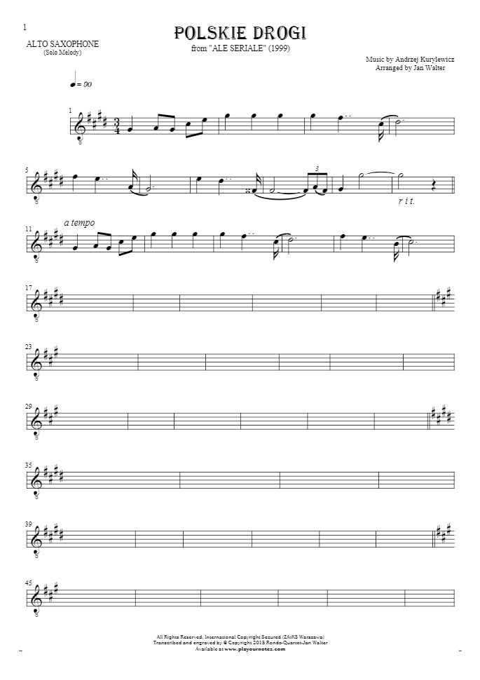 Polskie drogi - Notes for alto saxophone - melody line