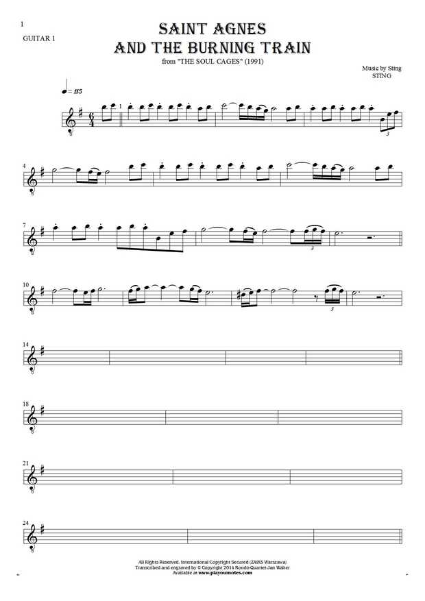 Saint Agnes And The Burning Train - Notes for guitar - guitar 1 part